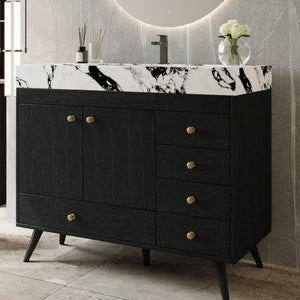 English Elm 36 Inch Freestanding Bathroom Vanity with Stone Top Integrated Sink and Five Drawers Black, Gold, White Ceramic, Faux Marble, Plywood, Sintered Stone, Stainless Steel W3136S00165