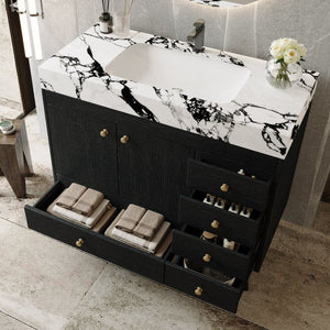 English Elm 36 Inch Freestanding Bathroom Vanity with Stone Top Integrated Sink and Five Drawers Black, Gold, White Ceramic, Faux Marble, Plywood, Sintered Stone, Stainless Steel W3136S00165