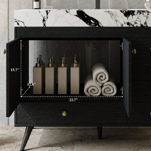 English Elm 36 Inch Freestanding Bathroom Vanity with Stone Top Integrated Sink and Five Drawers Black, Gold, White Ceramic, Faux Marble, Plywood, Sintered Stone, Stainless Steel W3136S00165