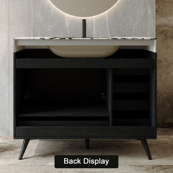 English Elm 36 Inch Freestanding Bathroom Vanity with Stone Top Integrated Sink and Five Drawers Black, Gold, White Ceramic, Faux Marble, Plywood, Sintered Stone, Stainless Steel W3136S00165