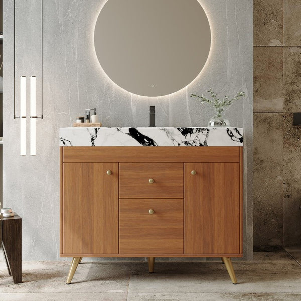 English Elm 36 Inch Freestanding Bathroom Vanity with Stone Top Integrated Sink and Five Drawers Gold, Walnut, White Faux Marble, Plywood, Sintered Stone, Stainless Steel W3136S00166