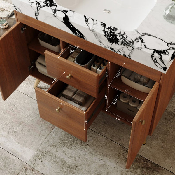 English Elm 36 Inch Freestanding Bathroom Vanity with Stone Top Integrated Sink and Five Drawers Gold, Walnut, White Faux Marble, Plywood, Sintered Stone, Stainless Steel W3136S00166