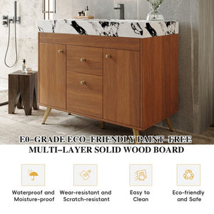 English Elm 36 Inch Freestanding Bathroom Vanity with Stone Top Integrated Sink and Five Drawers Gold, Walnut, White Faux Marble, Plywood, Sintered Stone, Stainless Steel W3136S00166