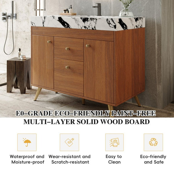 English Elm 36 Inch Freestanding Bathroom Vanity with Stone Top Integrated Sink and Five Drawers Gold, Walnut, White Faux Marble, Plywood, Sintered Stone, Stainless Steel W3136S00166