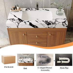 English Elm 36 Inch Freestanding Bathroom Vanity with Stone Top Integrated Sink and Five Drawers Gold, Walnut, White Faux Marble, Plywood, Sintered Stone, Stainless Steel W3136S00166
