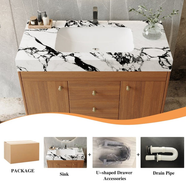 English Elm 36 Inch Freestanding Bathroom Vanity with Stone Top Integrated Sink and Five Drawers Gold, Walnut, White Faux Marble, Plywood, Sintered Stone, Stainless Steel W3136S00166