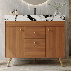 English Elm 36 Inch Freestanding Bathroom Vanity with Stone Top Integrated Sink and Five Drawers Gold, Walnut, White Faux Marble, Plywood, Sintered Stone, Stainless Steel W3136S00166