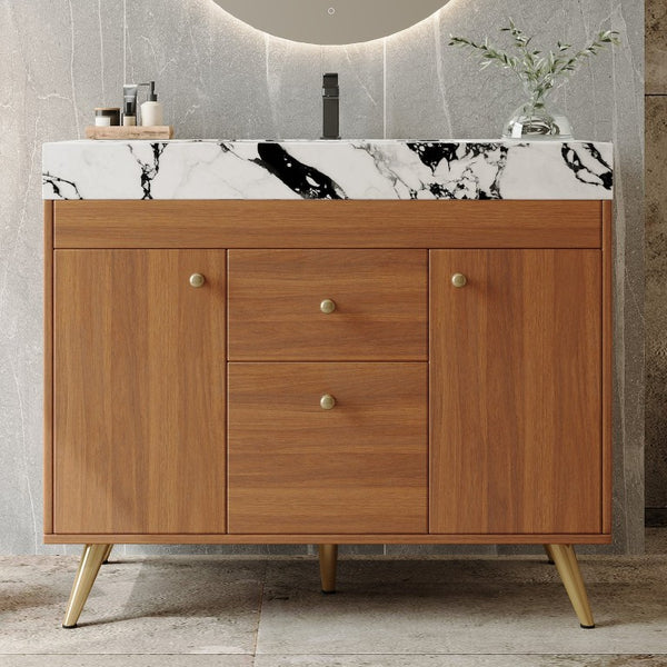 English Elm 36 Inch Freestanding Bathroom Vanity with Stone Top Integrated Sink and Five Drawers Gold, Walnut, White Faux Marble, Plywood, Sintered Stone, Stainless Steel W3136S00166