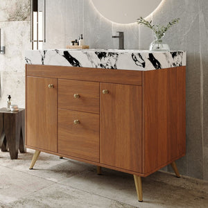 English Elm 36 Inch Freestanding Bathroom Vanity with Stone Top Integrated Sink and Five Drawers Gold, Walnut, White Faux Marble, Plywood, Sintered Stone, Stainless Steel W3136S00166