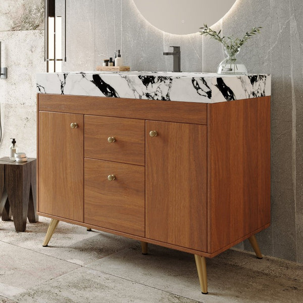 English Elm 36 Inch Freestanding Bathroom Vanity with Stone Top Integrated Sink and Five Drawers Gold, Walnut, White Faux Marble, Plywood, Sintered Stone, Stainless Steel W3136S00166
