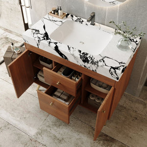 English Elm 36 Inch Freestanding Bathroom Vanity with Stone Top Integrated Sink and Five Drawers Gold, Walnut, White Faux Marble, Plywood, Sintered Stone, Stainless Steel W3136S00166