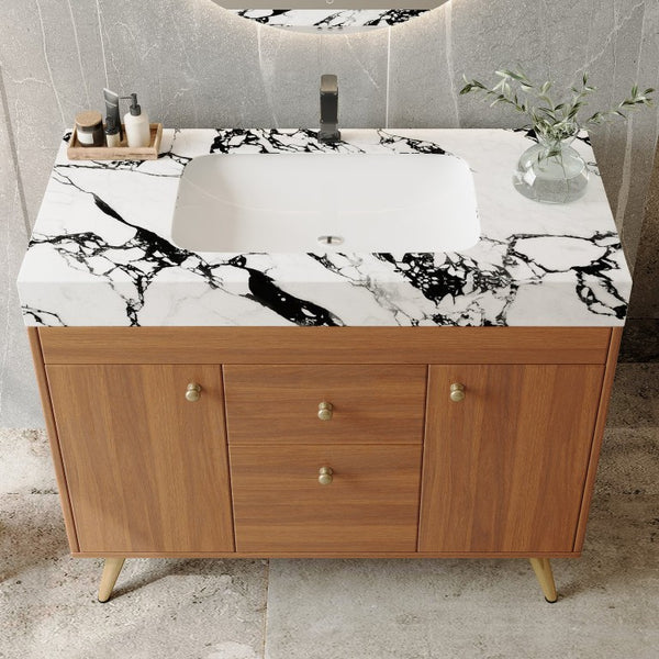 English Elm 36 Inch Freestanding Bathroom Vanity with Stone Top Integrated Sink and Five Drawers Gold, Walnut, White Faux Marble, Plywood, Sintered Stone, Stainless Steel W3136S00166