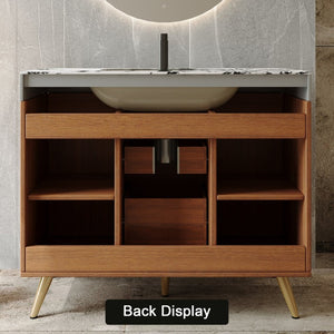English Elm 36 Inch Freestanding Bathroom Vanity with Stone Top Integrated Sink and Five Drawers Gold, Walnut, White Faux Marble, Plywood, Sintered Stone, Stainless Steel W3136S00166
