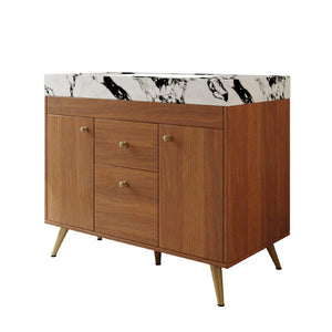 English Elm 36 Inch Freestanding Bathroom Vanity with Stone Top Integrated Sink and Five Drawers Gold, Walnut, White Faux Marble, Plywood, Sintered Stone, Stainless Steel W3136S00166