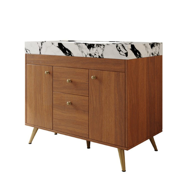 English Elm 36 Inch Freestanding Bathroom Vanity with Stone Top Integrated Sink and Five Drawers Gold, Walnut, White Faux Marble, Plywood, Sintered Stone, Stainless Steel W3136S00166