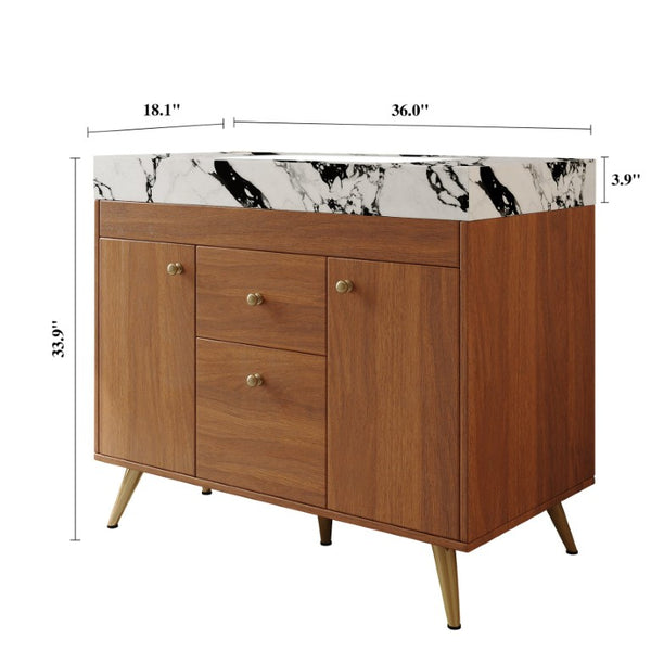 English Elm 36 Inch Freestanding Bathroom Vanity with Stone Top Integrated Sink and Five Drawers Gold, Walnut, White Faux Marble, Plywood, Sintered Stone, Stainless Steel W3136S00166