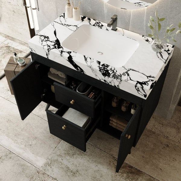 English Elm 36 Inch Freestanding Bathroom Vanity with Sintered Stone Top Ceramic Sink Spa Style W3136S00167