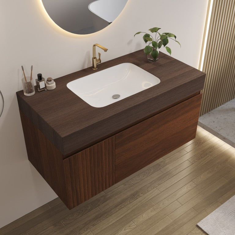 English Elm 36 Inch Floating Vanity Sintered Stone Top Fluted Cabinet Soft Close Drawer Bath W3136S00168