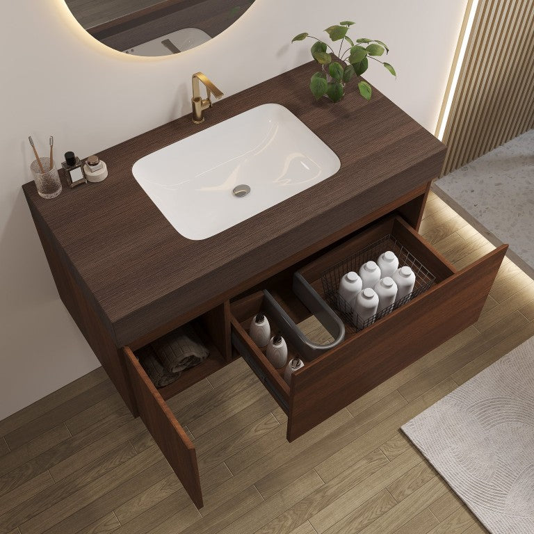 English Elm 36 Inch Floating Vanity Sintered Stone Top Fluted Cabinet Soft Close Drawer Bath W3136S00168
