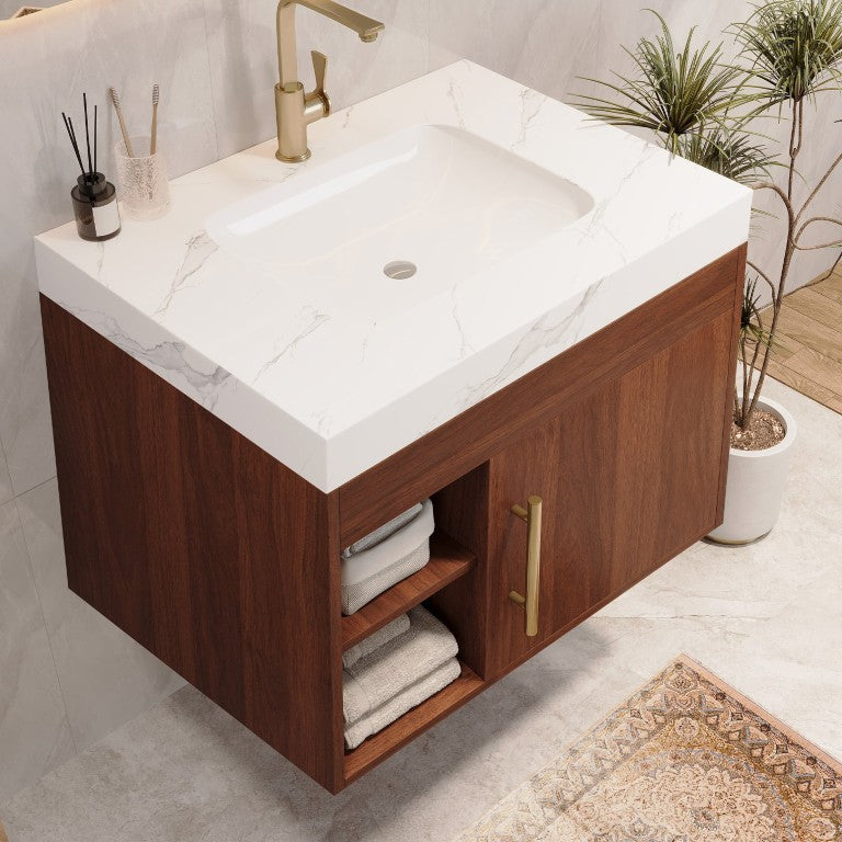English Elm Floating Wall Mounted Vanity Walnut Grain Cabinet with Sintered Stone Seamless Basin W3136S00169