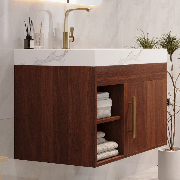 English Elm Floating Wall Mounted Vanity Walnut Grain Cabinet with Sintered Stone Seamless Basin W3136S00169
