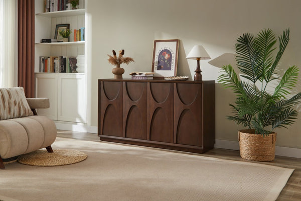 English Elm 4-door Sideboard with Real Wood Veneer Carved Panels Push Open Soft Close Storage W3137P270232