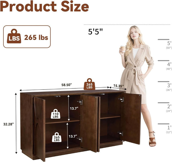 English Elm 4-door Sideboard with Real Wood Veneer Carved Panels Push Open Soft Close Storage W3137P270232