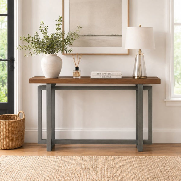 English Elm 59" Slim Mdf Console Table Scratch Resistant Surface for Entryway Hallway or Foyer Gray/Walnut W3137P294537