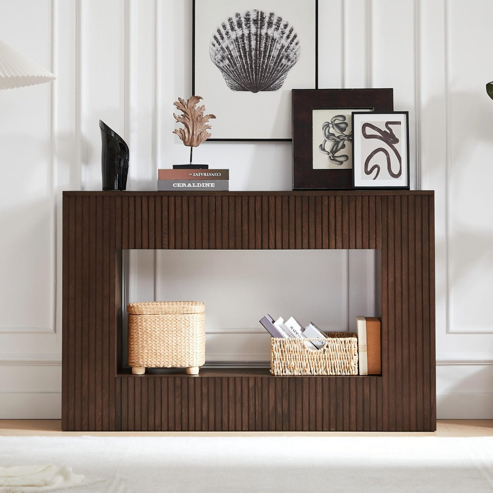 English Elm 55" Ash Veneer Slatted Console Table with Open Shelf for Entryway or Living Room W3137P317146