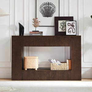 English Elm 55" Ash Veneer Slatted Console Table with Open Shelf for Entryway or Living Room W3137P317146