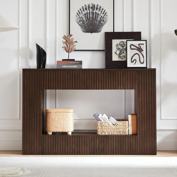 English Elm 55" Ash Veneer Slatted Console Table with Open Shelf for Entryway or Living Room W3137P317146