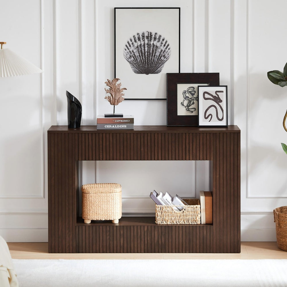 English Elm 55" Ash Veneer Slatted Console Table with Open Shelf for Entryway or Living Room W3137P317146