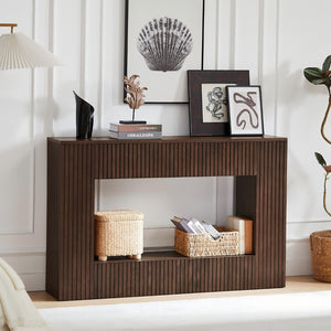English Elm 55" Ash Veneer Slatted Console Table with Open Shelf for Entryway or Living Room W3137P317146