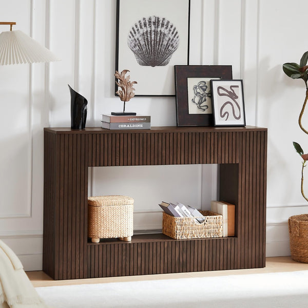 English Elm 55" Ash Veneer Slatted Console Table with Open Shelf for Entryway or Living Room W3137P317146