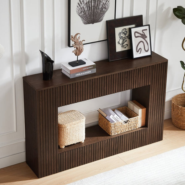English Elm 55" Ash Veneer Slatted Console Table with Open Shelf for Entryway or Living Room W3137P317146