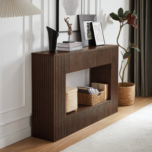 English Elm 55" Ash Veneer Slatted Console Table with Open Shelf for Entryway or Living Room W3137P317146