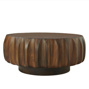 English Elm Round Hand-Carved Saman Wood Coffee Table with Ash Veneer Top for Bohemian Living W3137P358768
