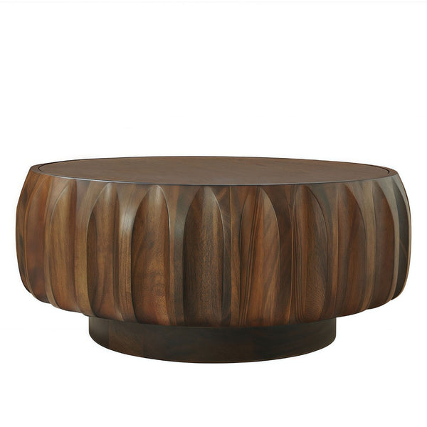 English Elm Round Hand-Carved Saman Wood Coffee Table with Ash Veneer Top for Bohemian Living W3137P358768