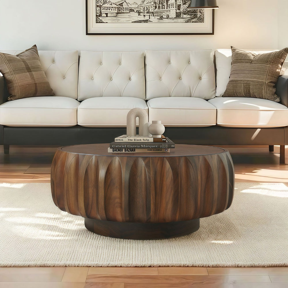English Elm Round Hand-Carved Saman Wood Coffee Table with Ash Veneer Top for Bohemian Living W3137P358768