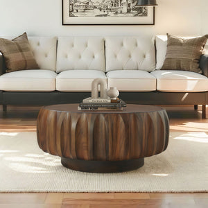 English Elm Round Hand-Carved Saman Wood Coffee Table with Ash Veneer Top for Bohemian Living W3137P358768