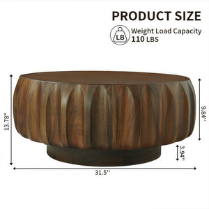 English Elm Round Hand-Carved Saman Wood Coffee Table with Ash Veneer Top for Bohemian Living W3137P358768