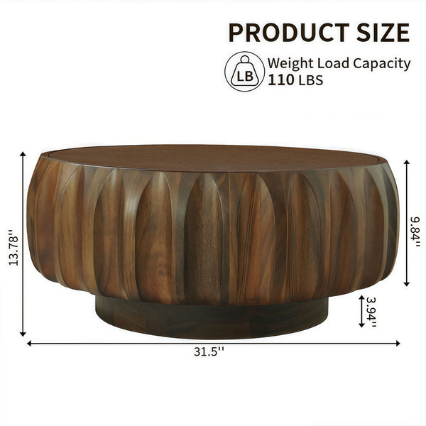 English Elm Round Hand-Carved Saman Wood Coffee Table with Ash Veneer Top for Bohemian Living W3137P358768