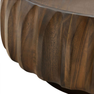 English Elm Round Hand-Carved Saman Wood Coffee Table with Ash Veneer Top for Bohemian Living W3137P358768