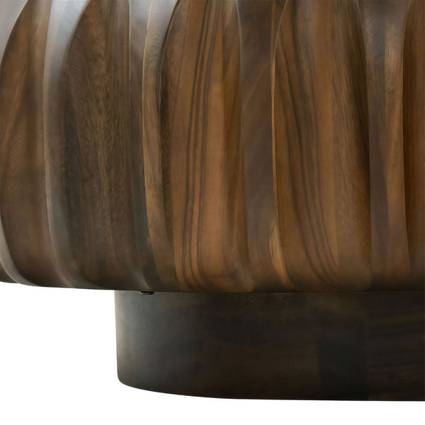 English Elm Round Hand-Carved Saman Wood Coffee Table with Ash Veneer Top for Bohemian Living W3137P358768