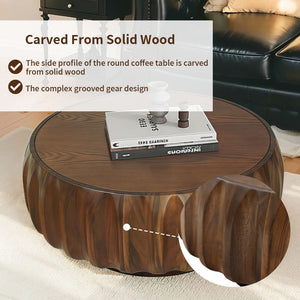 English Elm Round Hand-Carved Saman Wood Coffee Table with Ash Veneer Top for Bohemian Living W3137P358768