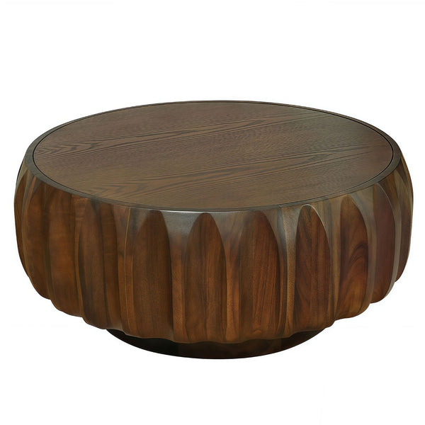 English Elm Round Hand-Carved Saman Wood Coffee Table with Ash Veneer Top for Bohemian Living W3137P358768