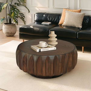 English Elm Round Hand-Carved Saman Wood Coffee Table with Ash Veneer Top for Bohemian Living W3137P358768