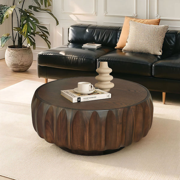 English Elm Round Hand-Carved Saman Wood Coffee Table with Ash Veneer Top for Bohemian Living W3137P358768