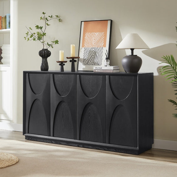 English Elm 4 Door Ash Veneer Sideboard with Carved Panels and Push Open Shelved Storage W3137P363229
