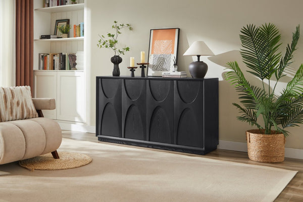 English Elm 4 Door Ash Veneer Sideboard with Carved Panels and Push Open Shelved Storage W3137P363229